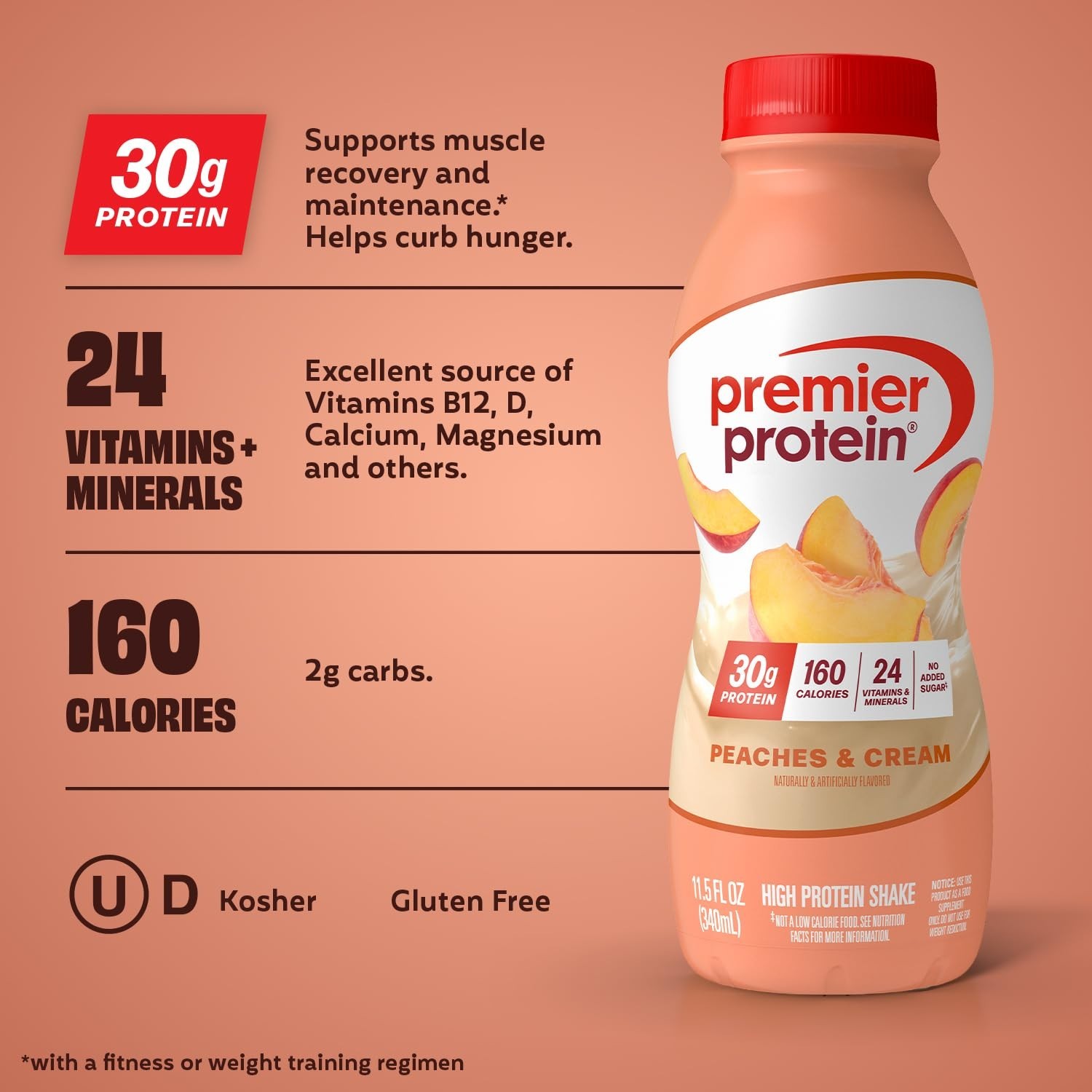 Premier Protein Shake, Peaches & Cream, 30g Protein 12 Pack