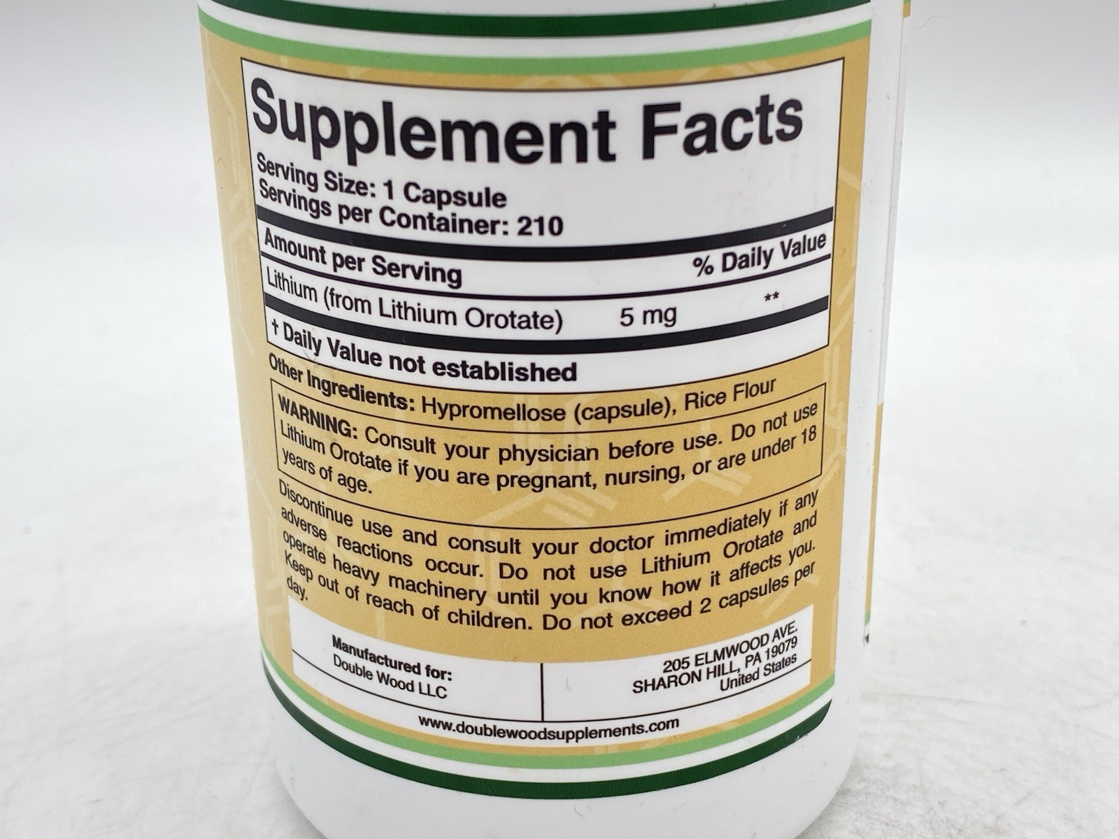 Double Wood Supplements – Lithium Orotate – 5mg, 210 Capsules